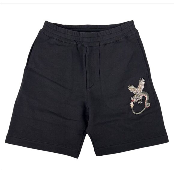 Alexander McQueen Men's Black Cotton Short w/Green Dragon Patch